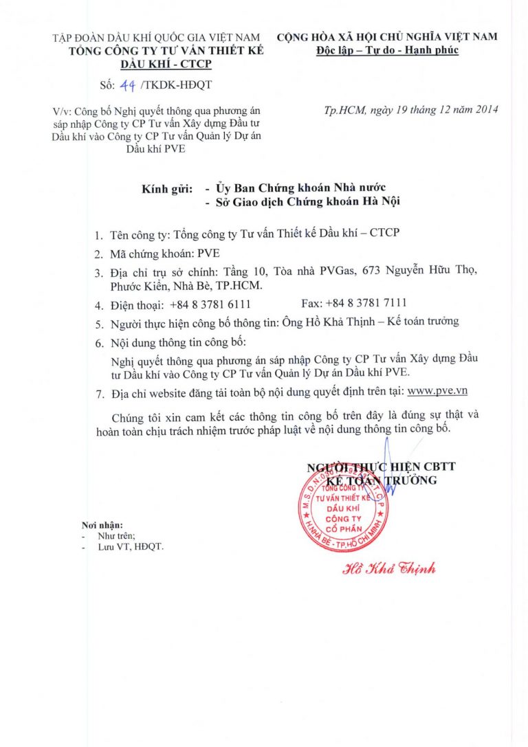 PVE công bố Nghị quyết thông qua phương án sát nhập Công ty CP Tư vấn Xây dựng Đầu tư Dầu khí vào Công ty CP Tư vấn Quản lý Dự án Dầu khí PVE