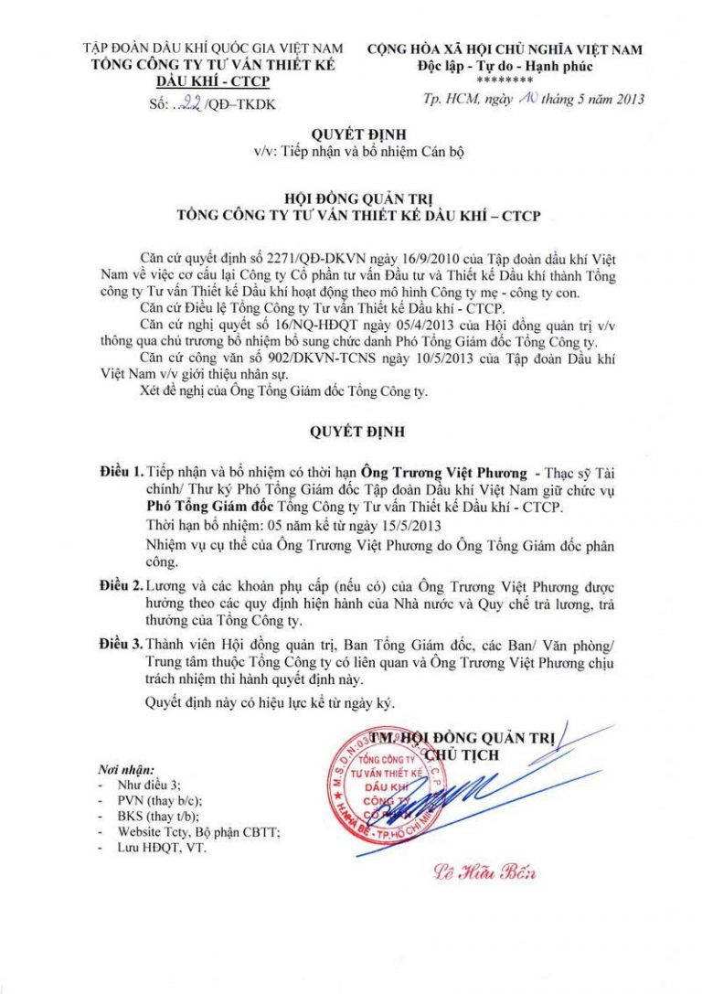 Quyết định bổ nhiệm Phó Tổng Giám đốc TCT